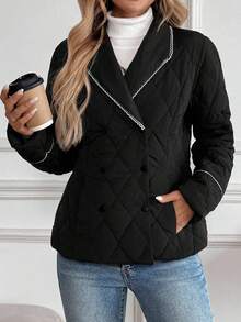 EMERY ROSE 女式撞色镶边口袋冬季棉服外套，长袖绗缝夹克女式夹克黑色夹克女式黑色绗缝夹克女式绗缝夹克 - 黑色 - 查看 1