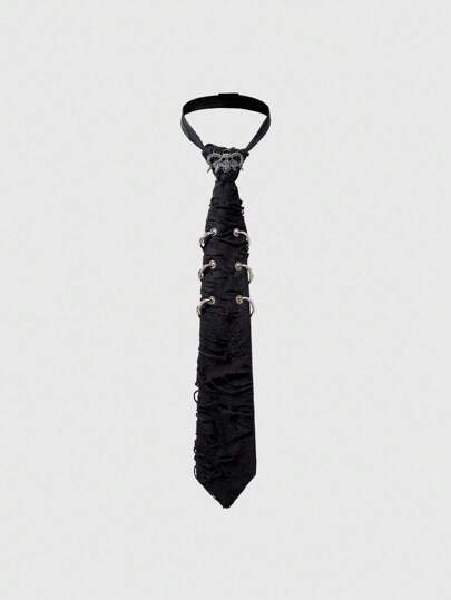 Grunge Punk Gothic Steampunk Style Tie With Metal Skull Buckle, Asymmetrical Textures, Niche Fashion Accessory For Men And Women, Suitable For Parties, Gatherings, Social Events, And Photo-Taking