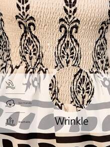 LanaWest Áo ba lỗ họa tiết boho màu be giản dị dành cho nữ, có họa tiết hoa đen phía trước, thiết kế xếp ly, viền bèo nhún, mùa xuân/hè - Màu be - Xem 5