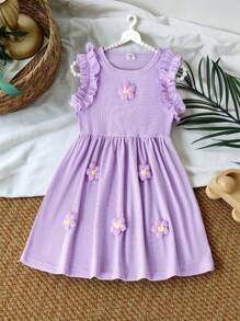 SHEIN Vintaside Kids 年轻女孩针织紫色无袖蕾丝花朵装饰休闲连衣裙，可爱适合夏季假期