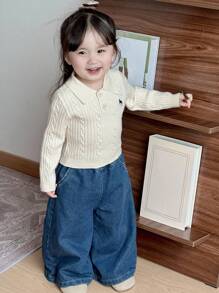 DAZY 女婴休闲百搭刺绣细节毛衣，秋冬 - 米色 - 查看 7