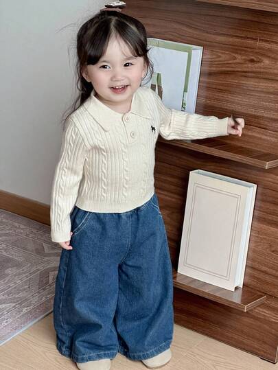 DAZY Suéter versátil y casual con detalles bordados para niñas pequeñas, ropa de otoño/invierno para niñas pequeñas
