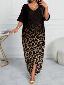 SHEIN Lady Đầm suông họa tiết da báo cổ chữ V tay dài màu trơn rộng rãi phong cách ngày lễ thường ngày - Nhiều màu - Xem 5