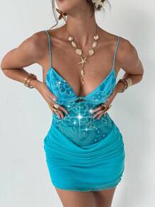 Aloruh Neues romantisches und sexy Clubwear Minikleid mit glitzernden Pailletten und Mesh-Einsätzen, tiefem Ausschnitt, Trägerkleiderrock-Set