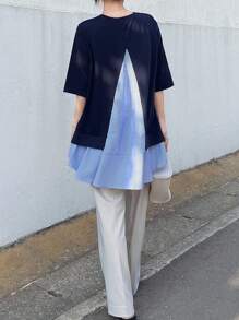 FRIFUL Women Crew Neck Loose Striped T-Shirt With Faux Layered Flounce Hem & Side Slit, Casual Streetwear, Spring/Summer Asymmetrical Top Navy Blue Top Striped Top Half Sleeve Top Layered Top