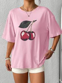 SHEIN Plus Size Women's Round Neck Cherry Pattern Loose Raglan T-Shirt - Pink - View 4