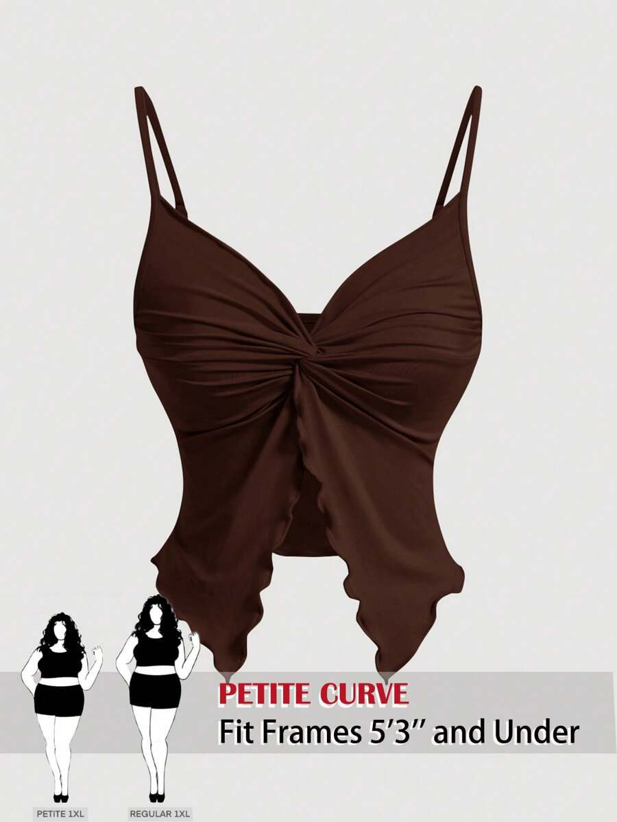 SHEIN PETITE CURVE Women's Plus Size Twist Front Crisscross Sleeveless Top,Cute Tops,Cami Women Summer Clothing Woman S Summer Clothes,For People Of Shorter Stature - Brown - View 1