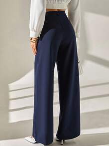CLARA VERO Pantalones de pierna ancha estilo marinero, color azul marino, diseño de cintura alta, mezcla de algodón premium, uso formal de oficina, botones decorativos frontales, silueta de corte ancho, colección profesional, estilo marítimo clásico, ajuste regular, apropiado para negocios, diseño moderno de ropa de trabajo