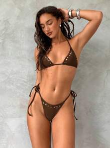 Aloruh 女士新款夏季泳装，性感优雅节日风格，铆钉装饰比基尼两件套泳衣，配有细肩带，女士海滩度假套装 - 棕色 - 查看 5