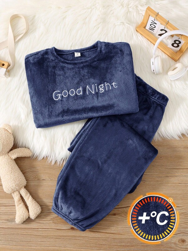 SHEIN Teenager Jungen 2-teiliges Set aus Fleece mit besticktem Muster, lässige lange Ärmel Pyjamas-Anzug für Herbst/Winter