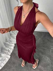 Modelyn Đầm suông hở lưng nhún bèo màu trơn dây mảnh cho nữ - Màu Đỏ Sâu - Xem 4