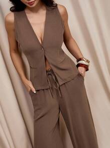 SHEIN PETITE Women Summer Casual Solid V-Neck Fitted Tank Top And Wide Leg Loose Pants Set - Brown - View 3