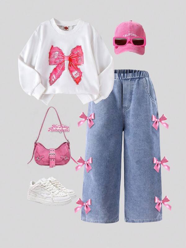 Ensemble T-shirt enfant fille (petit) avec Top à manches longues col rond blanc, imprimé nœud rouge, assorti à un pantalon en jean délavé bleu avec décoration nœud rose