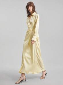 Ontre Women's Pale Yellow Autumn Elegant Tea Party Satin Wrap Dress,Long Sleeve V-Neck Tie Collar Waisted Loose Casual Business Commuter Mid-Length Dress - Yellow - View 2