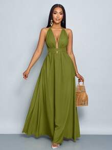 SOLERSUN Vestido Longo Mulher Cor Sólida Decote em V Halter Férias Praia Amarrações Cruzadas Costas Abertas Vestido de Férias Roupas de Praia - Verde Militar - Visão 6
