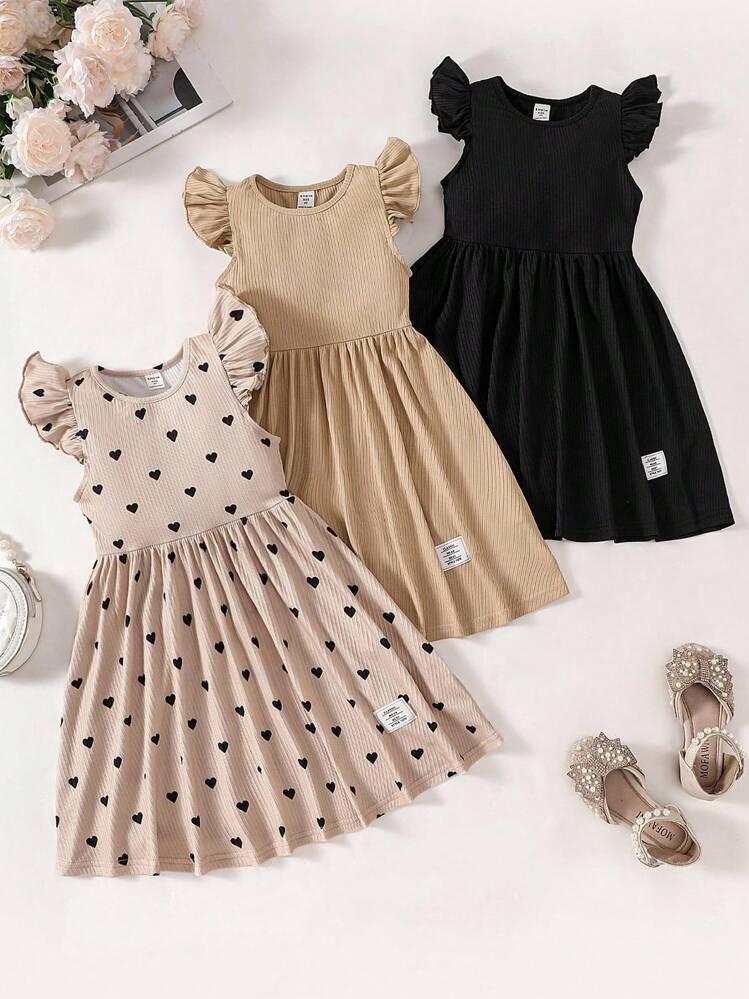 SHEIN 3pcs Young Girl Knitted Plain Cap Sleeve Loose Casual Cute Dress Three Pieces Suit Dress Young Girl Girl - Multicolor - View 2