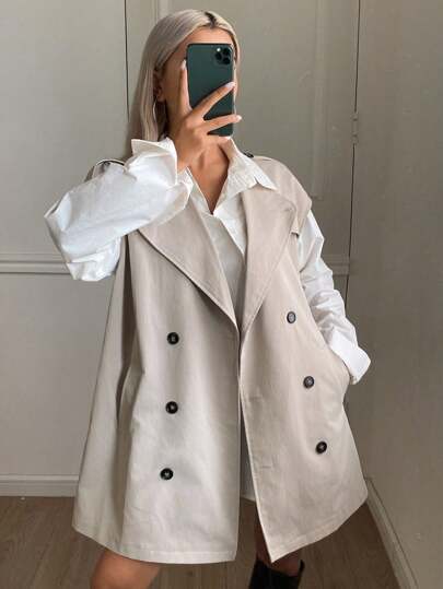 DAZY Women's Lapel Sleeveless Mid-Length Loose Casual Windbreaker With Belt Women Jacket,Fall Women Clothes Vest Women Coats