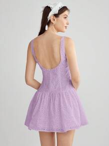 Enchnt Women Laser Cut Embroidery Button Decorated Ruffle Hem Sleeveless Dress - Mauve Purple - View 2