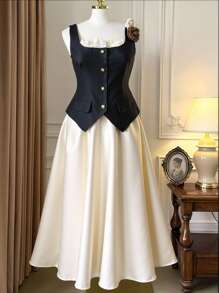 Celure Conjunto de 2 piezas para mujer talla grande con chaleco de encaje floral y falda larga, estilo vintage elegante, adecuado para uso diario, de moda para uso casual o de commuting