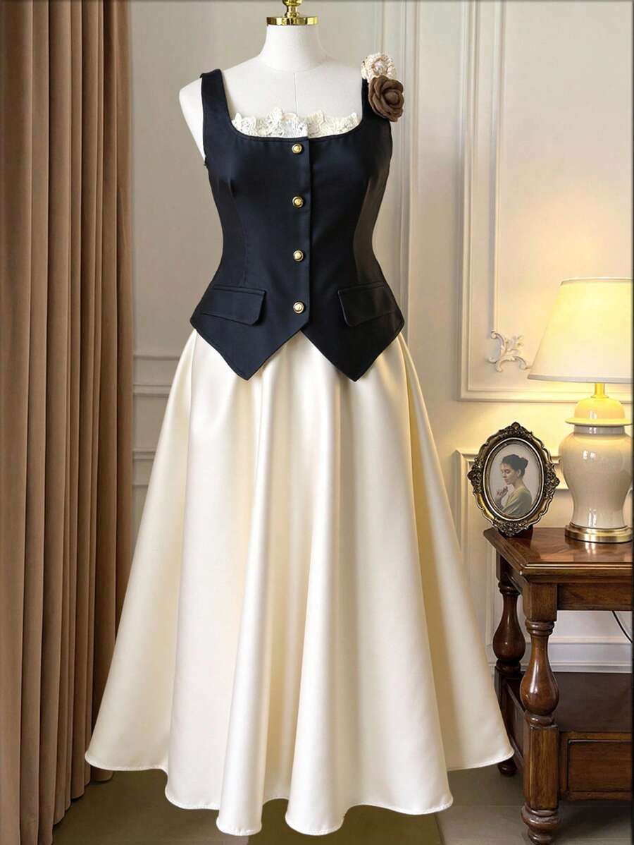 Celure Conjunto de 2 piezas para mujer talla grande con chaleco de encaje floral y falda larga, estilo vintage elegante, adecuado para uso diario, de moda para uso casual o de commuting