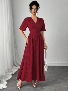 Modelyn Váy nữ tay ngắn cổ chữ V nhún eo, xuân/hè - Màu Đỏ Sâu - Xem 6