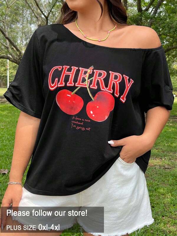 SHEIN EZwear Tricou cu guler asimetric cu imprimeu cireș și fructe, vară largi, pentru femei de vară, mărime mare