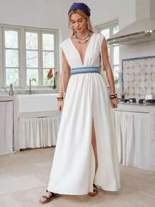 LanaWest Women's Casual Sleeveless Drawstring Ruched Deep V Sexy Backless Colorblock High Slit Dress - Apricot - View 6