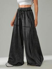 SHEIN Tall 女士做旧松紧腰抽绳宽松休闲低腰长裤，夏季 - 黑色 - 查看 5