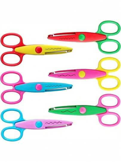 6 件/套带装饰边缘的工艺剪刀，ABS 树脂剪贴簿剪刀，6 种图案，安全、切割顺畅、有趣且色彩鲜艳