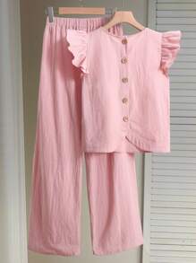 SHEIN 2er Set - Teenager Mädchen Lässig, vielseitig, Alltags-Tauglich, bequeme Bluse mit Rüschensaum & weite gewebte Hose, rosa, geeignet für Zuhause, Sport, Urlaub, Ausflüge, Partys, Dates, Einkaufen, Schule, Schulbeginn