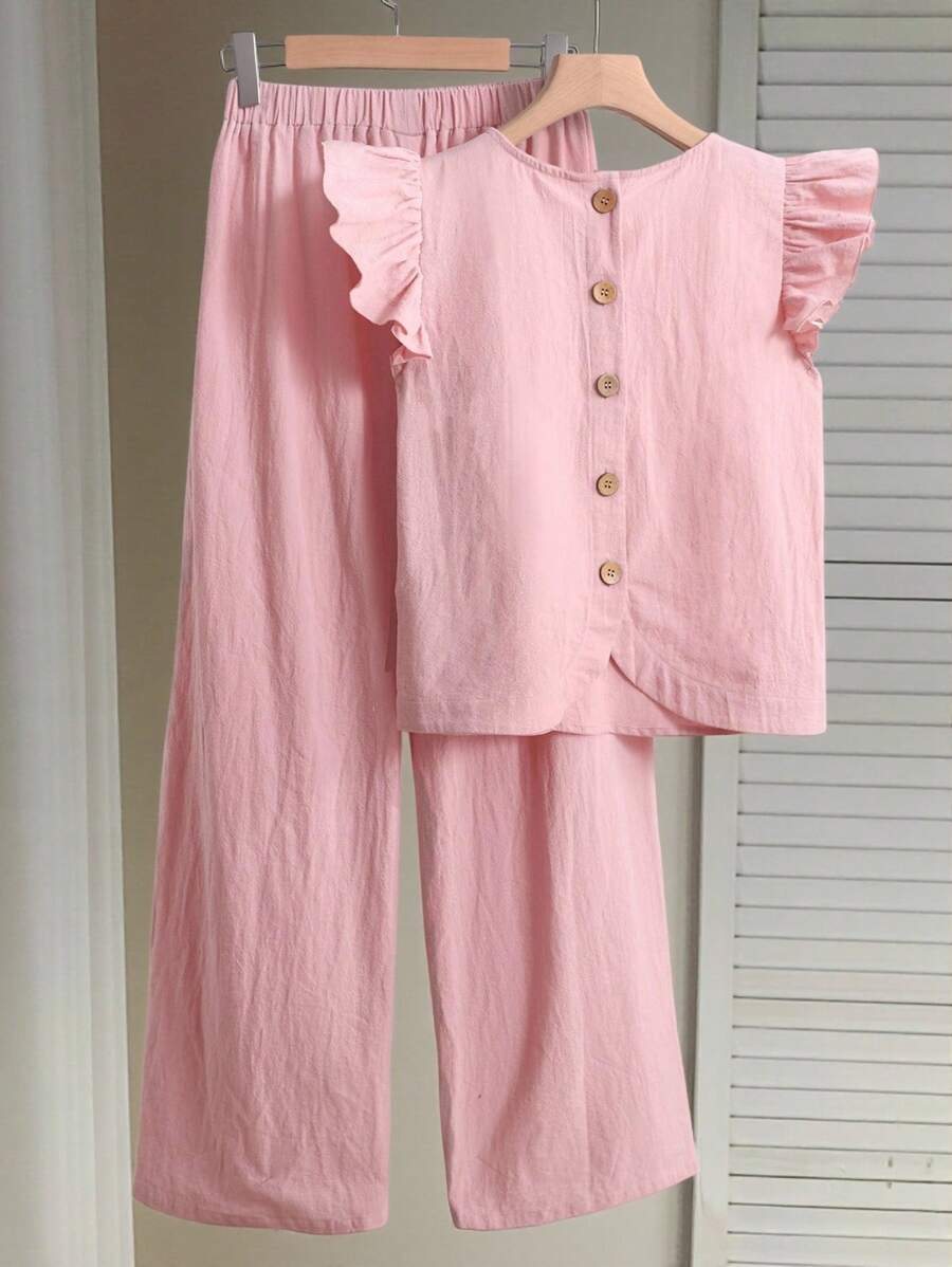 SHEIN 2er Set - Teenager Mädchen Lässig, vielseitig, Alltags-Tauglich, bequeme Bluse mit Rüschensaum & weite gewebte Hose, rosa, geeignet für Zuhause, Sport, Urlaub, Ausflüge, Partys, Dates, Einkaufen, Schule, Schulbeginn