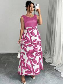 Elenzga Đầm dự tiệc không tay họa tiết cây thanh lịch cỡ lớn cho nữ - Màu Hồng Tươi - Xem 5