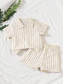 SHEIN Vintaside Kids 男婴夏季时尚两件套，包括休闲翻领短袖衬衫和配套无腰带短裤，优雅简约风格，适合外出、居家休闲和各种聚会场合 - 杏色 - 查看 3