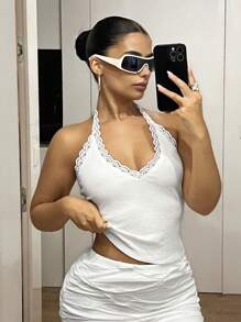 SHEIN ICON Women Modest V Neck Halter White Lace Knitted Casual Modest Tank Tops & Camis - White - View 3