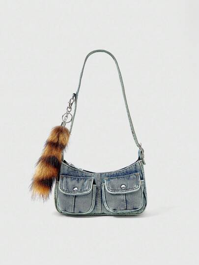 Grunge Punk 1pc Double Pocket Shoulder Bag With Faux Fur Tail Charm, Fashionable Personalized Vacation Style Women Handbag (Includes 1 Bag And 1 Set Of Accessories)