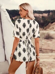 LanaWest Women's Music Festival Paisley Print V-Neck Waist Tied Shoulder Tie Design Short Sleeve Blouse - Apricot - View 2