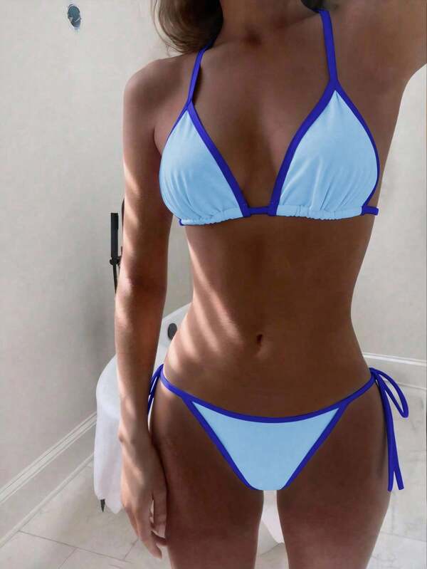SHEIN Swim Women's Color-Block Halter Tie Sexy Bikini Set For Vacation Summer