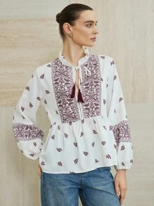 Aveloria Modichic New Summer Women's Casual Tassel Drawstring Lantern Sleeve Printed Vacation Blouse' Fall Cloth For Women - Multicolor - View 5