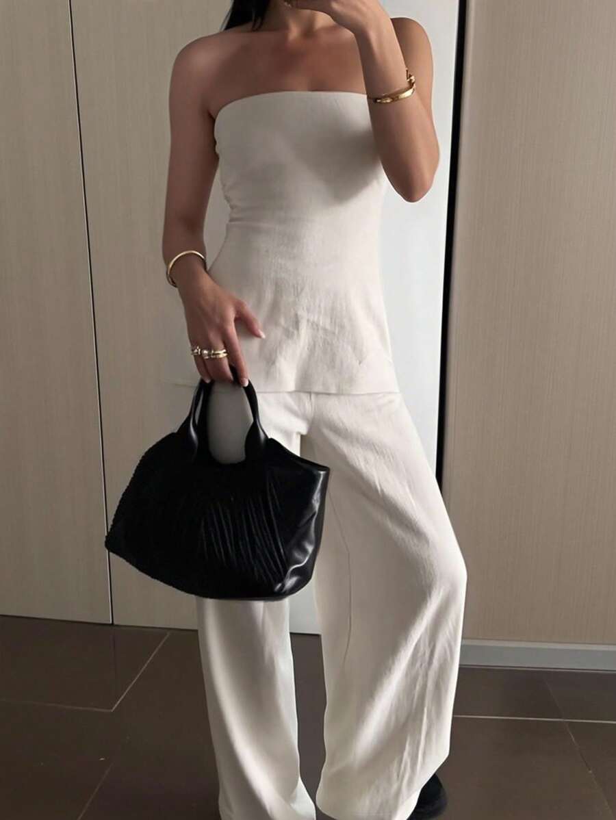 INAWLY 1 bộ áo hai dây màu trơn thường ngày cỡ lớn mùa hè và quần hai mảnh - Màu be - Xem 1