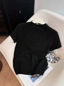 SHEIN Plus Size Women Embroidered Round Neck Short Sleeve T-Shirt - Black - View 2