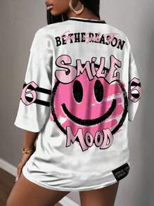 Slaydiva Maglietta sportiva casual da donna a maniche corte con stampa di numeri e lettere sorridente, adatta per l'estate