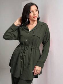 Graceveil Flap Pocket Drawstring Waist Shirt & Wide Leg Pants 2 Pieces Set Modest - Army Green - View 6