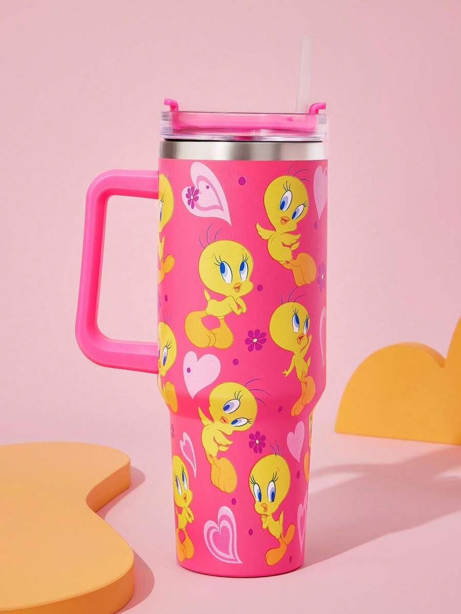 LOONEY TUNES X SHEIN 40oz Tumbler With Handle, Insulated Cup, Vacuum Insulated Water Bottle, Stainless Steel Travel Mug, Car Mug, Y2k - Pink - View 1