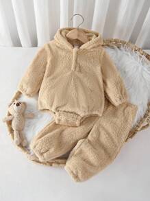 2 piezas Conjunto de body con capucha de manga larga y pantalones de unicolor casual para bebé niño, Conjunto de ropa de invierno de 2 piezas con pelaje para bebé, Conjunto de ropa casual para bebé, Ropa de bebé neutra, Conjunto de ropa para bebé recién nacido niño de 0-3 meses, 3-18 meses, Ropa de invierno para bebé, Body con capucha para bebé, Conjunto de ropa de bebé suave e infantil - Albaricoque - Ver 1