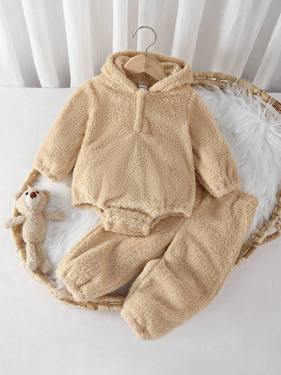 2 piezas Conjunto de body con capucha de manga larga y pantalones de unicolor casual para bebé niño, Conjunto de ropa de invierno de 2 piezas con pelaje para bebé, Conjunto de ropa casual para bebé, Ropa de bebé neutra, Conjunto de ropa para bebé recién nacido niño de 0-3 meses, 3-18 meses, Ropa de invierno para bebé, Body con capucha para bebé, Conjunto de ropa de bebé suave e infantil - Albaricoque - Ver 1