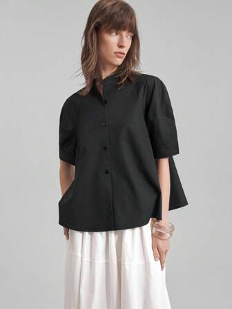 Ontre 2025新款女士休闲纯色短袖衬衫，前开襟纽扣设计，适合办公室、商务休闲、感恩节、圣诞节、都市通勤、夏秋季穿着。