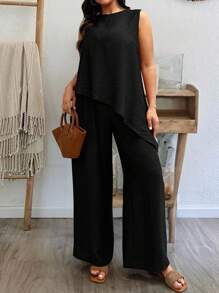 DreamSkyne Ensemble décontracté 2 pièces femme grande taille, top sans manches à ourlet asymétrique unicolore et pantalon - Noir - Voir 4