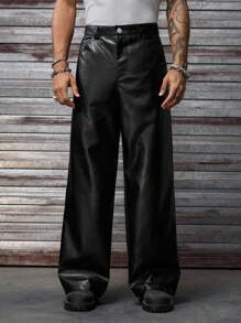 AXEPEAK 豹纹拼接休闲宽松直筒男士夏季长裤，秋季 - 黑色 - 查看 4