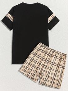 Manfinity BRENVOR Áo thun nam tay ngắn họa tiết kẻ caro & quần short cạp rút, trang phục mùa hè cổ điển, trang phục ấm áp - Nhiều màu - Xem 2