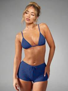 MISSGUIDED 樱桃印花三角比基尼套装复古高腰平角短裤夏季沙滩泳池泳衣度假泳裤 - 藏蓝色 - 查看 6